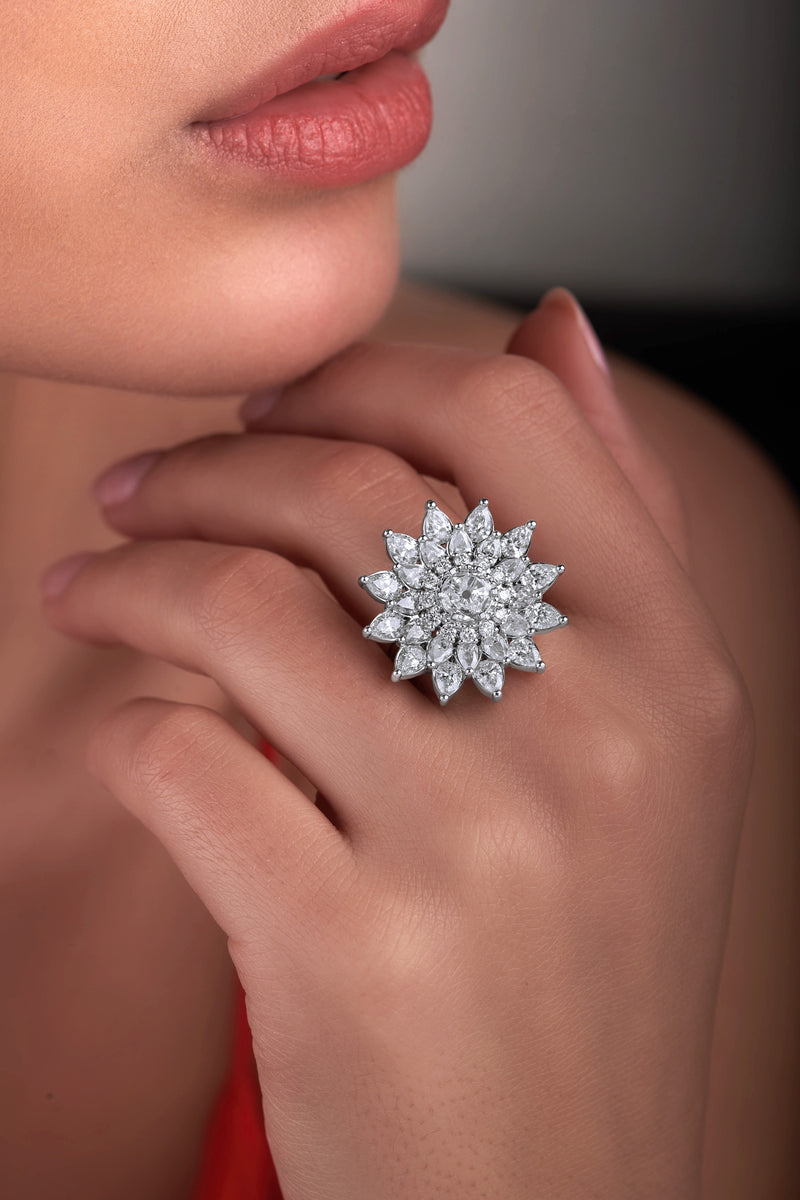 Sunflower's Radiance | 18K White Gold | Designer | Diamond Ring | Womens Jewelry