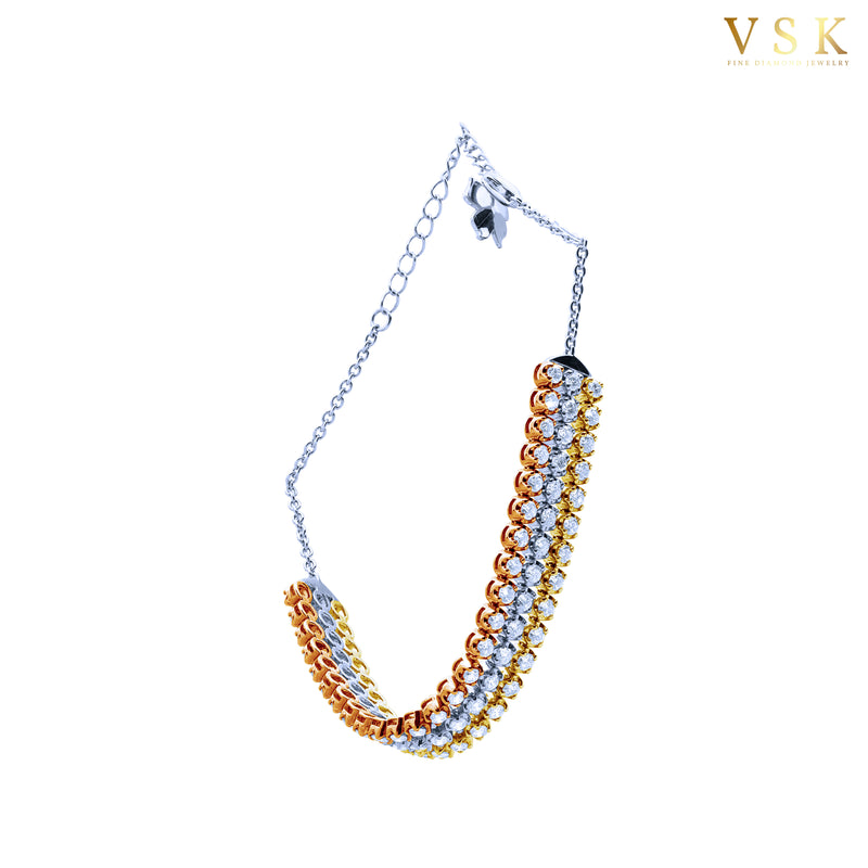 Multi Color Three Line Bracelet-18K White/Rose Gold/Yellow Gold-Diamond Bracelet-Womens Jewelry