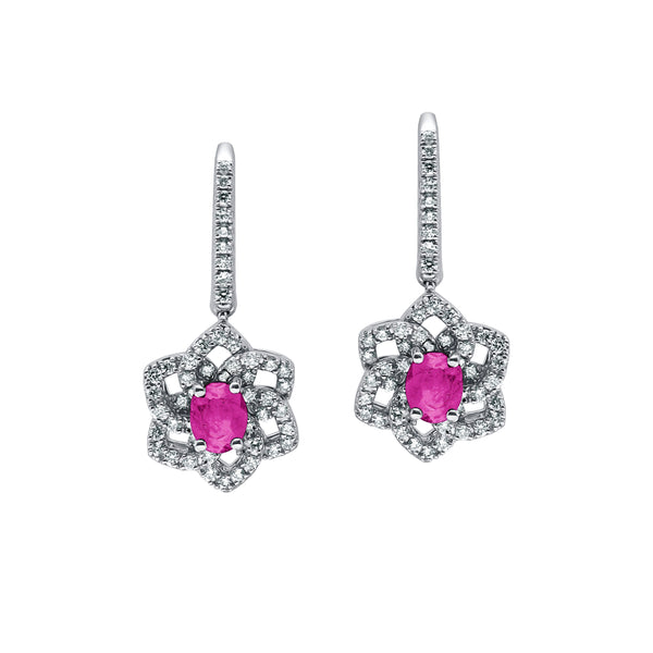 Crimson Blossom-18K White Gold-Nature Inspired-Diamond & Ruby Earring