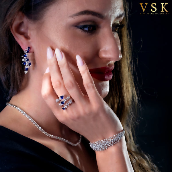 ﻿Sky's Symphony-18K White Gold-Saphire & Diamond Earring-Womens Jewelry