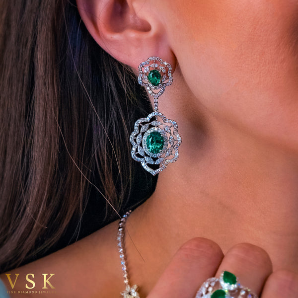 Emerald Bloom-18K White Gold-Diamond & Emerald Stone Earring