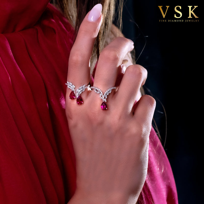 Celestial Vortex | 18K White Gold | V Shaped | Diamond & Ruby Ring | Womens Jewelry