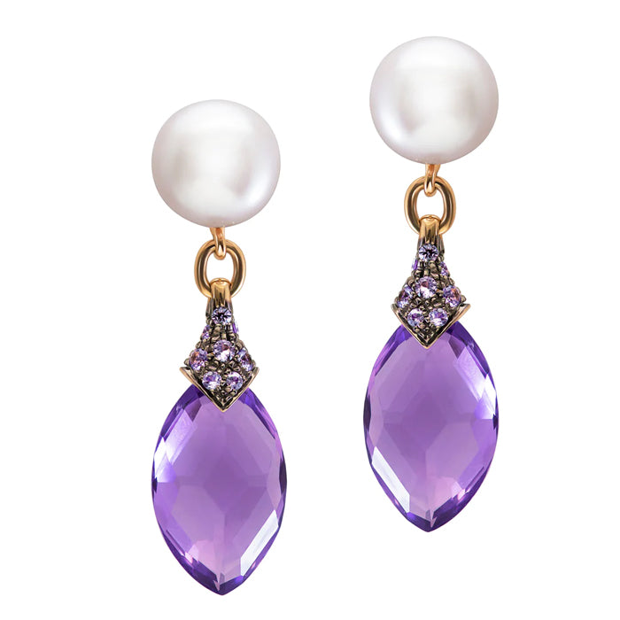 Amethyst Royale | 18K Yellow Gold | Pearl & Precious Stone Earrings | Womens Jewelry