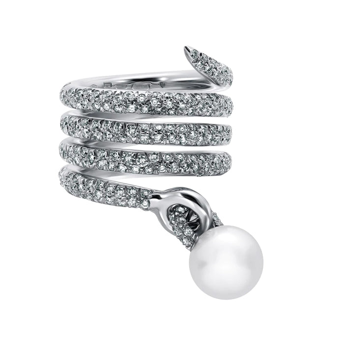Enchanting Coil-18K White Gold-Coil Shaped-Diamond & Pearl Ring
